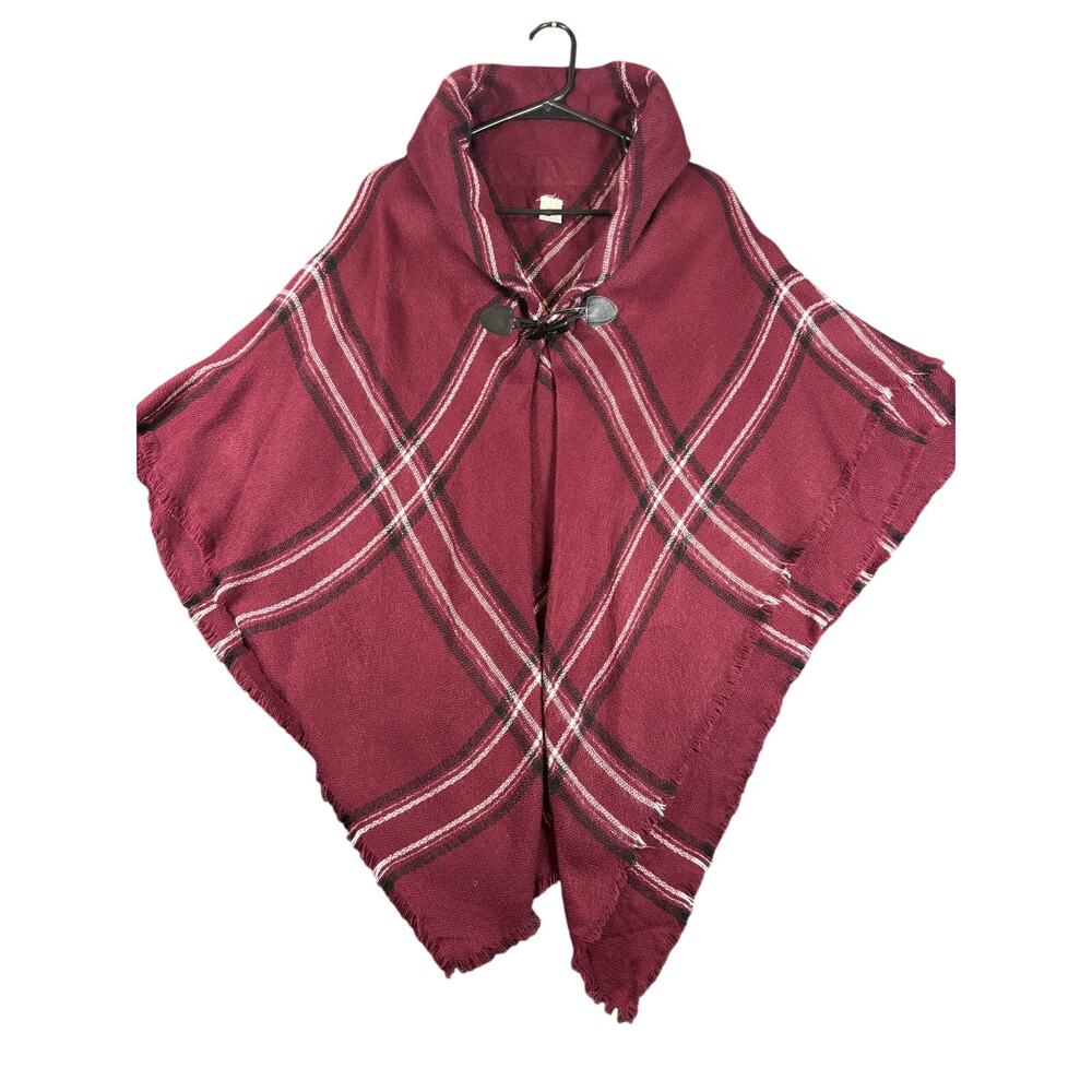 Burgundy Plaid Fringe Toggle Poncho Cape One Size